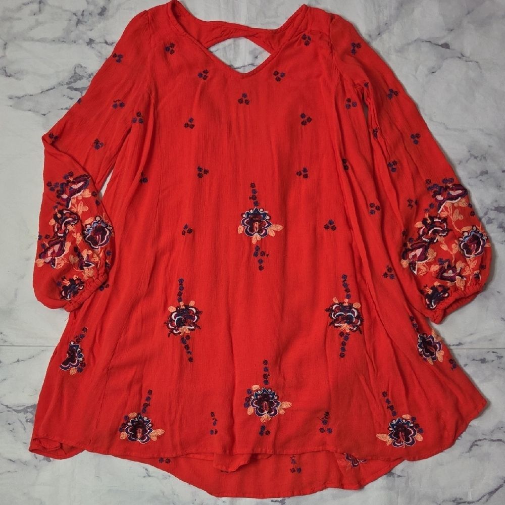 Free People Red Oxford Embroidered Floral Shift Mini Dress